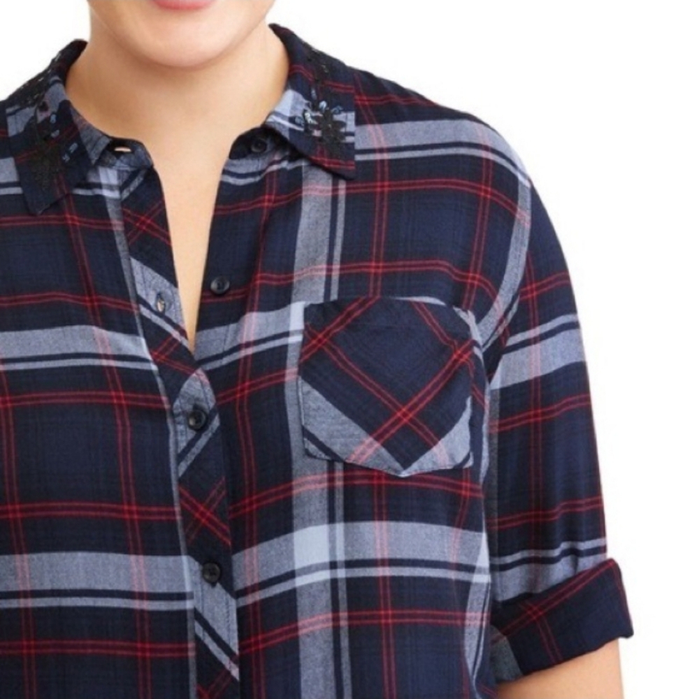 Terra & Sky Plaid Button Down Flannel Sz OX Sequin Collar